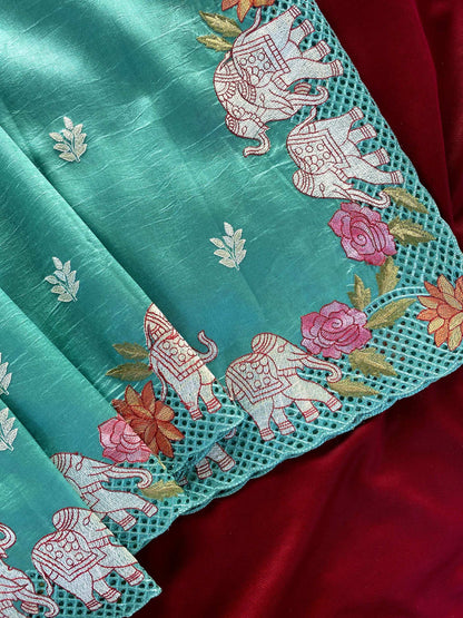 Mameraa Sarees Sea Green Viscose Tussar Saree With Beautiful Embroidered Elephant Design Panel With Cutwork And Hole Work-Sea_Green