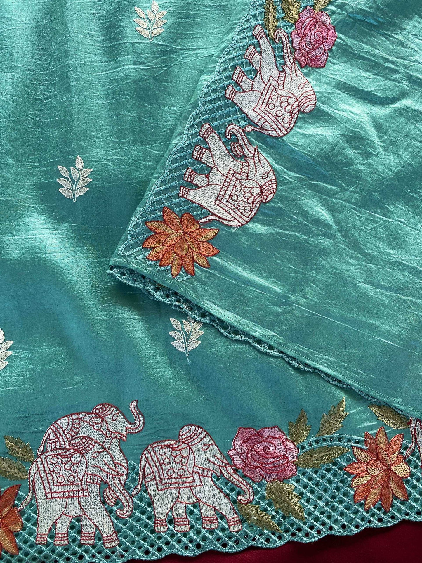 Mameraa Sarees Sea Green Viscose Tussar Saree With Beautiful Embroidered Elephant Design Panel With Cutwork And Hole Work-Sea_Green