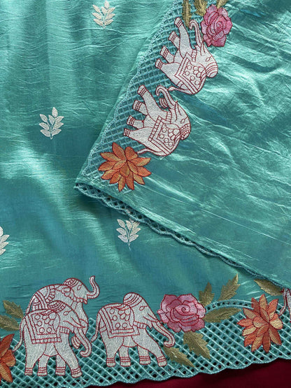 Mameraa Sarees Sea Green Viscose Tussar Saree With Beautiful Embroidered Elephant Design Panel With Cutwork And Hole Work-Sea_Green