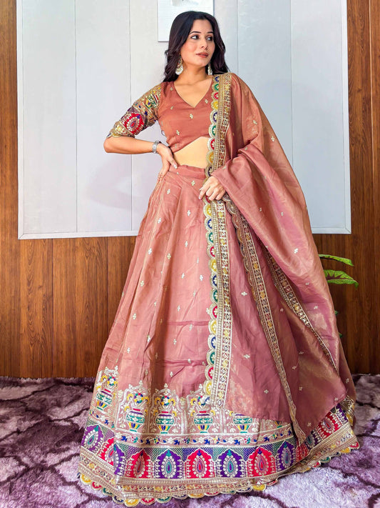Tulsi Art Elegant Rust Silk Sequins Embroidered Lehenga Choli With Dupatta