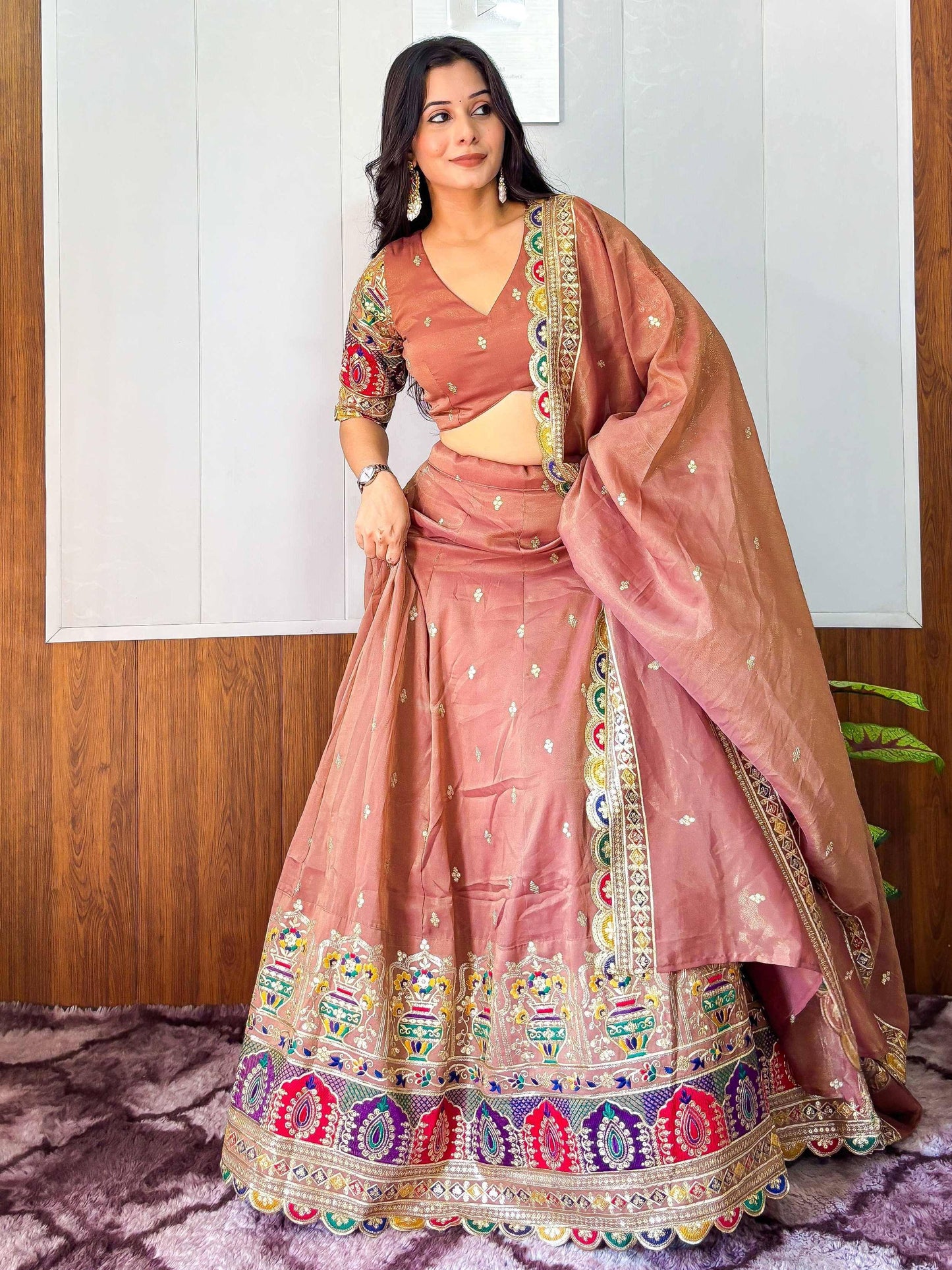 Tulsi Art Elegant Rust Silk Sequins Embroidered Lehenga Choli With Dupatta