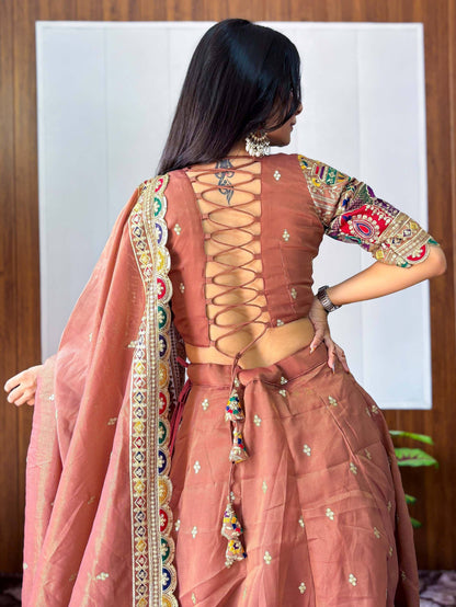 Tulsi Art Elegant Rust Silk Sequins Embroidered Lehenga Choli With Dupatta