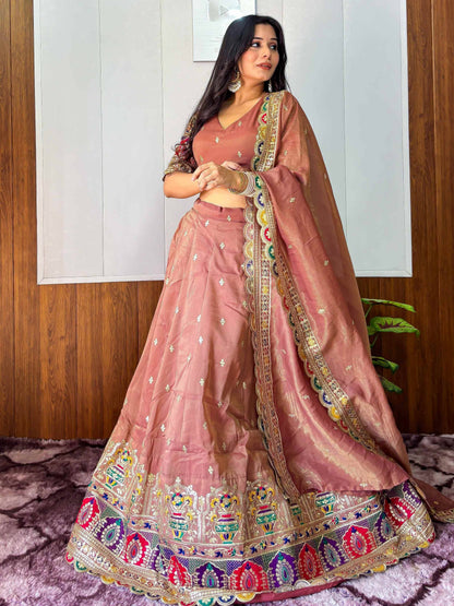 Tulsi Art Elegant Rust Silk Sequins Embroidered Lehenga Choli With Dupatta