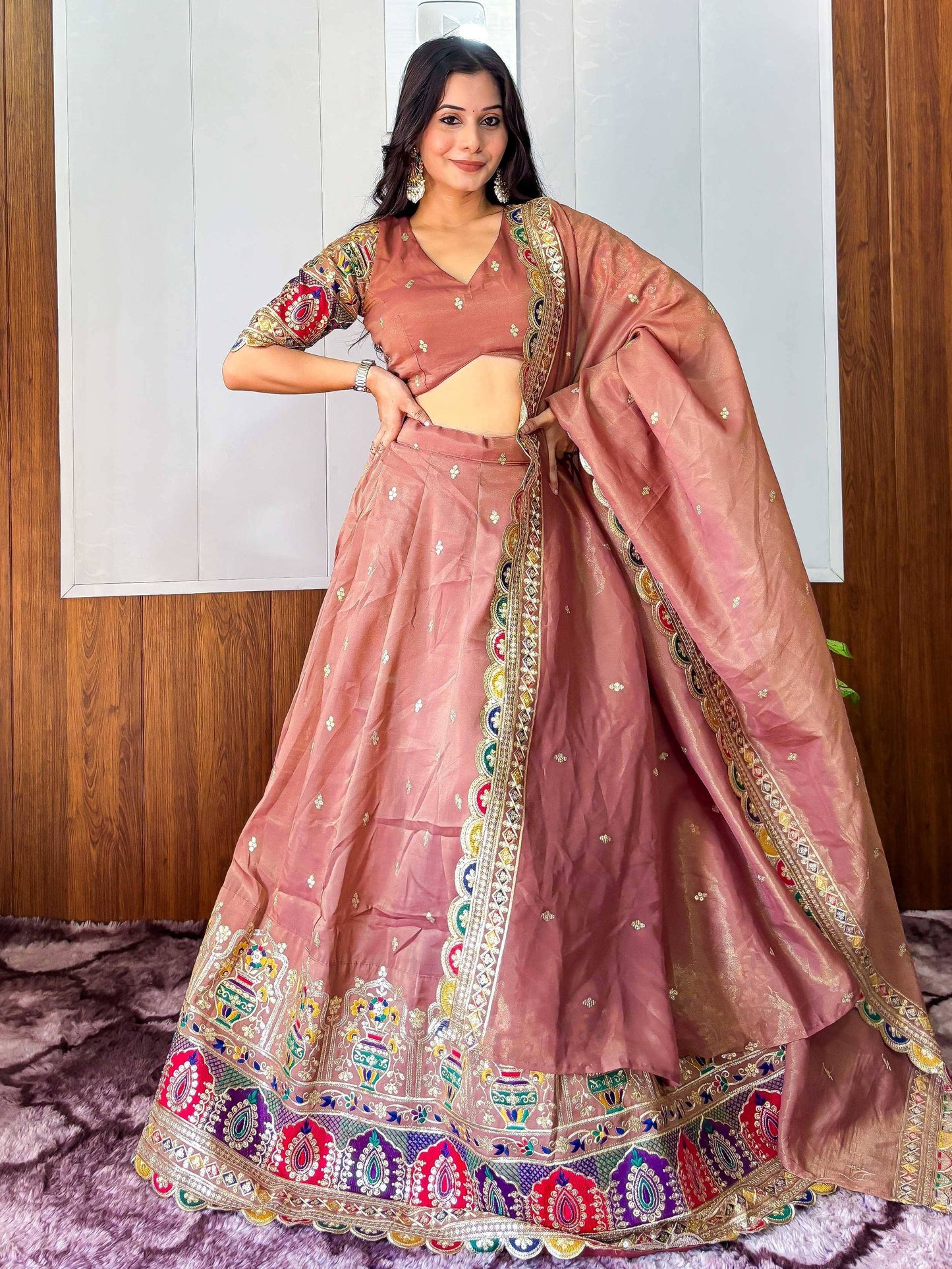 Tulsi Art Elegant Rust Silk Sequins Embroidered Lehenga Choli With Dupatta