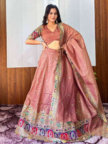 Tulsi Art Elegant Rust Silk Sequins Embroidered Lehenga Choli With Dupatta