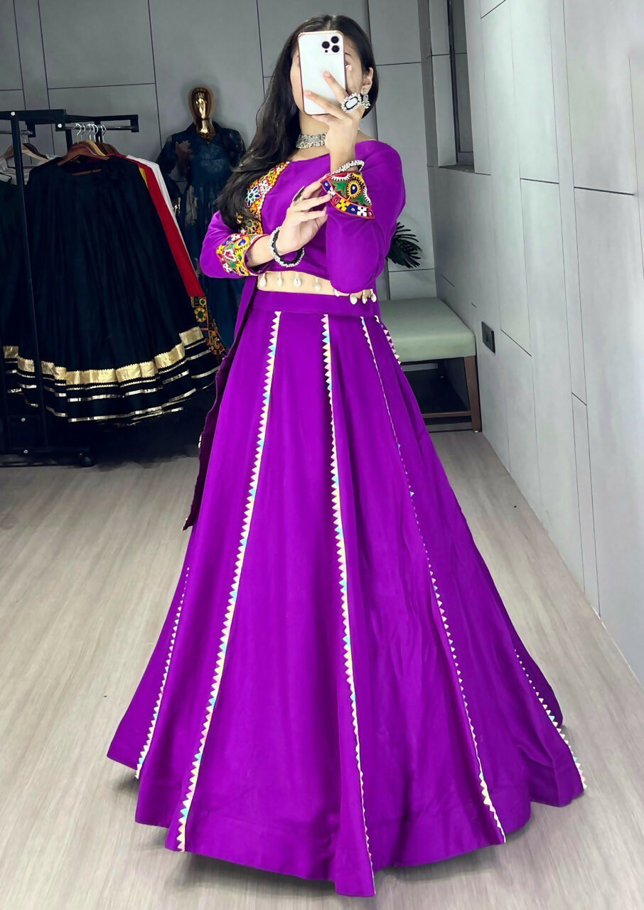 Yash Enterprise Purple Rayon Cotton Embroidery Semi Stitched Navratri Top Chaniya Choli