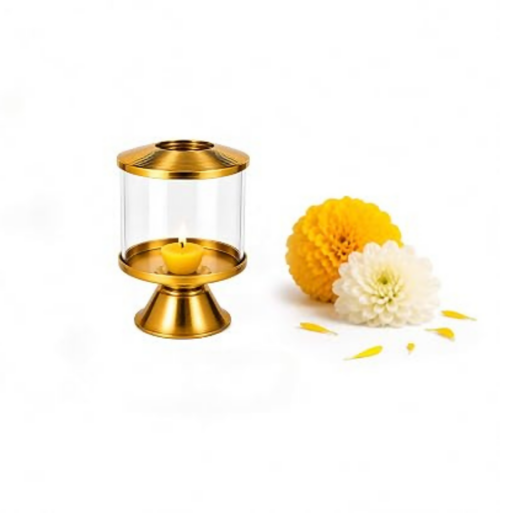 Not Available Pure Brass Ghee Diya for Puja with Glass Cover