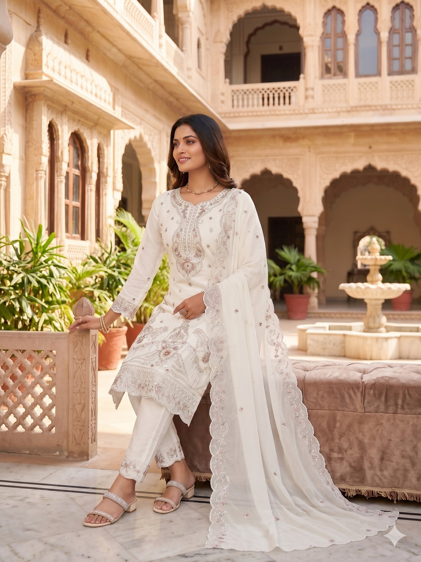 Teeya Creation Womens New Trendy Silk With Heavy Embroiedery With Sequence Work White Kurta Set