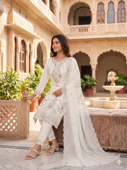 Teeya Creation Womens New Trendy Silk With Heavy Embroiedery With Sequence Work White Kurta Set