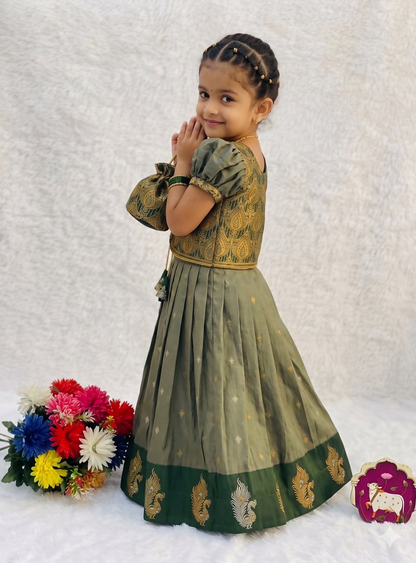 Teeya Creation New Trendy Girls Sage Green Silk Traditional Lehenga Choli Set-Green