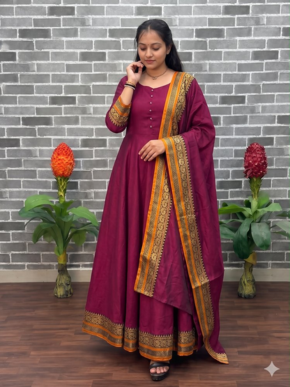 Teeya Creation New Trendy Stylish Wine Solid Anarkali Kurta with Traditional Golden Border Dupatta Set