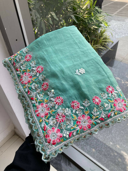 Teeya Creation New Trendy Wedding Special Party Wear Soft Nxc Moss Chiffon Saree-Aqua_Blue