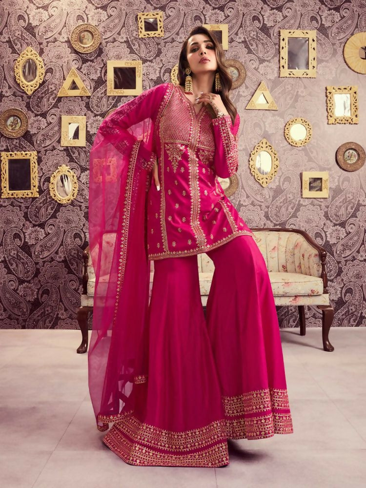 The52 Women's Beautiful Embroidery Work Chanderi Silk Fabric Straight Kurta Palazzo and Dupatta Set
