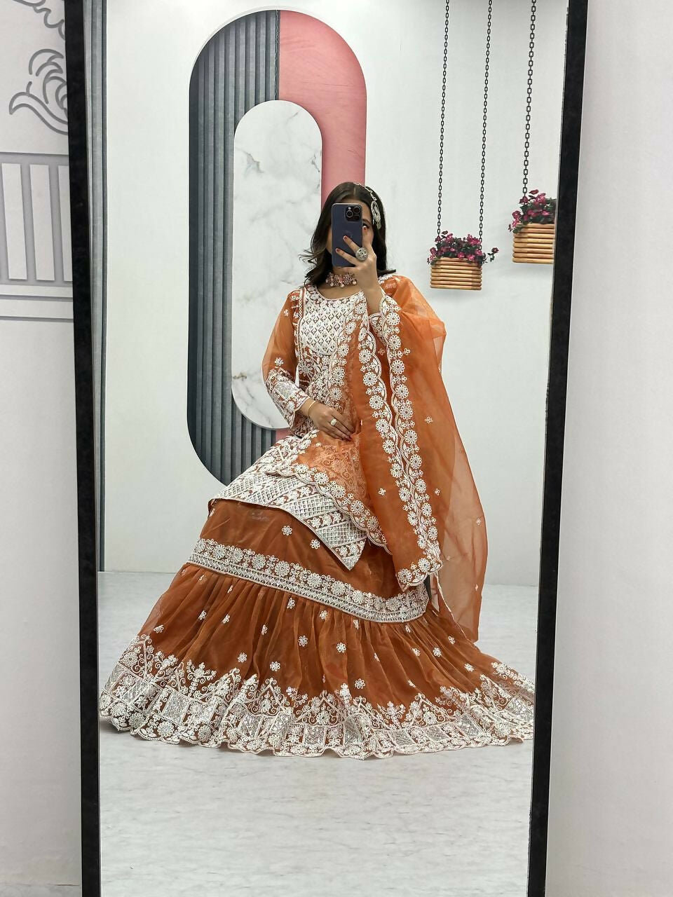 Teeya Creation Womens New Trendy Heavy Embroidery Sequence Work Orange Kurta Set