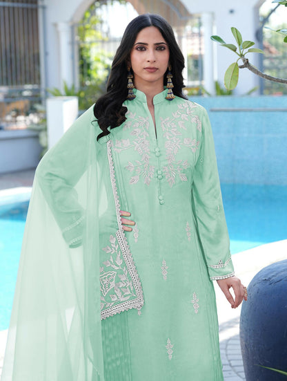 Nikhaar Light Green Embroidered Modal Silk Stitched Straight Cut Kurta Pants Dupatta Readymade Suit