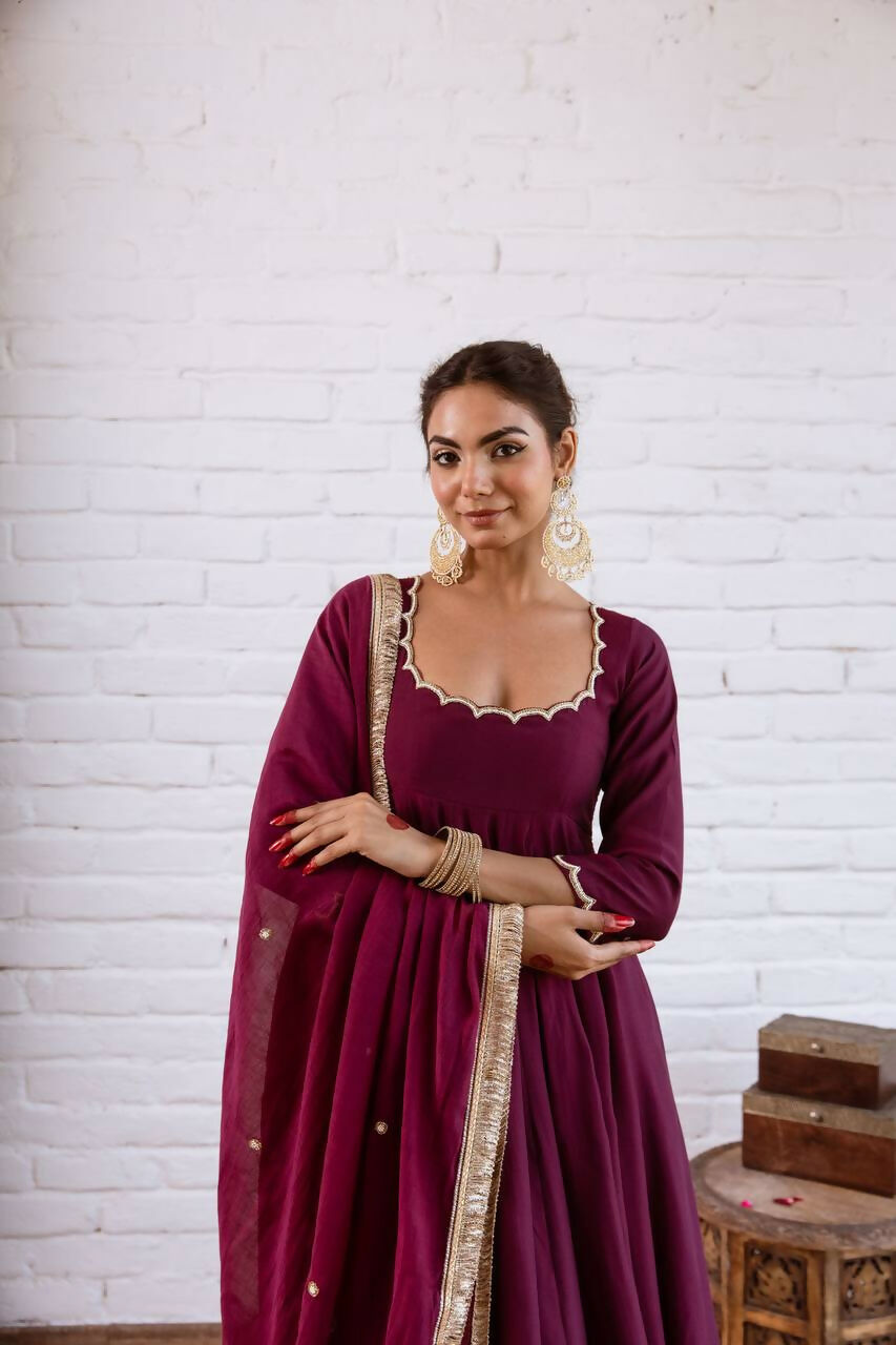 Teeya Creation Wine Solid Silk Blend Anarkali Suit With Pants And Dupatta