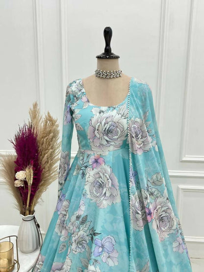 The52 Women's Gorgeous Printed Fox Georgette Fabric Flared Anarkali and Dupatta Set-Sky