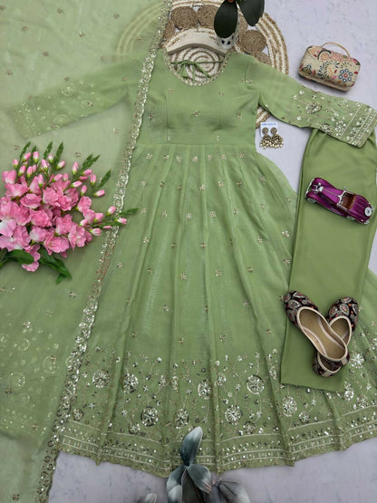Teeya Creation Elegant Pista Green Embroidered Anarkali Kurta Set With Mirror Work Dupatta