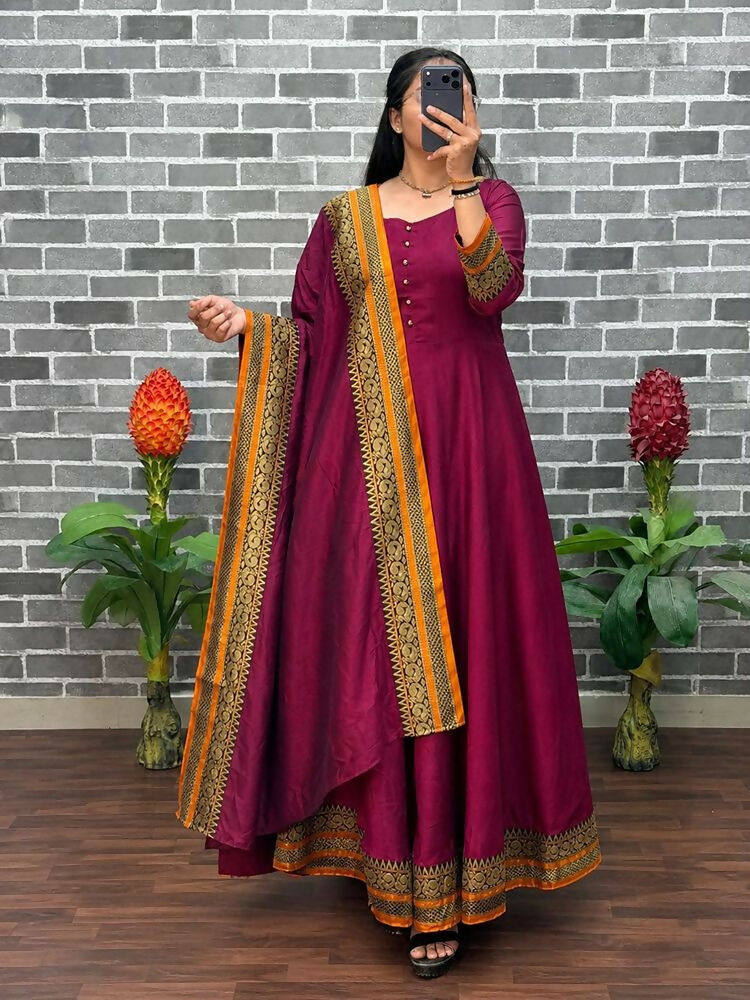Teeya Creation New Trendy Stylish Wine Solid Anarkali Kurta with Traditional Golden Border Dupatta Set