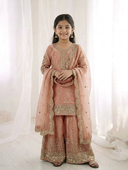 Teeya Creation New Trendy Fully Stitched Ready to Wear Kids Kurta Palazzo Set-Pink