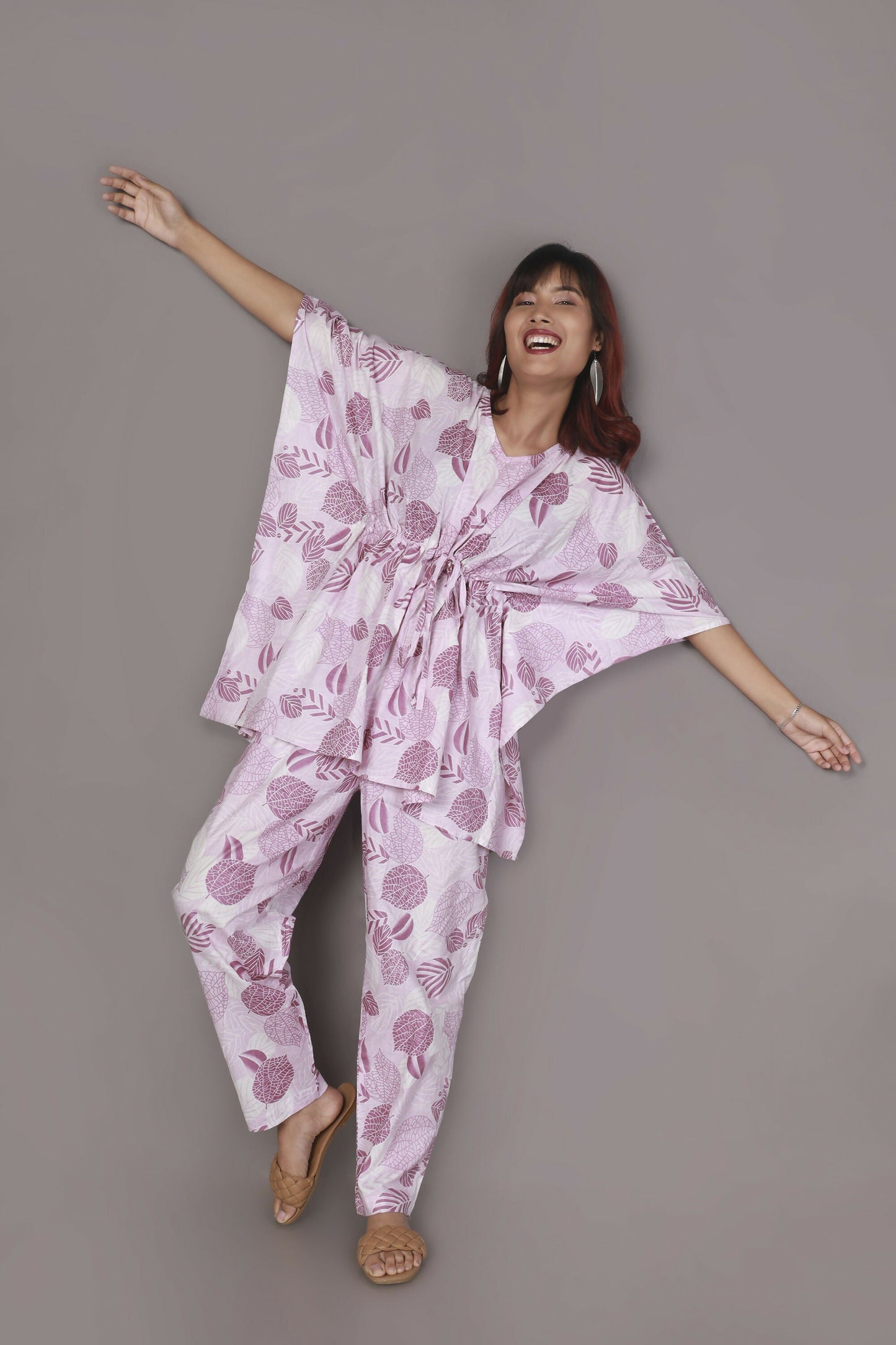 Breathables WomenS Loungewear Kaftan Cotton Pink Nature-Inspired Print Co-Ord Set