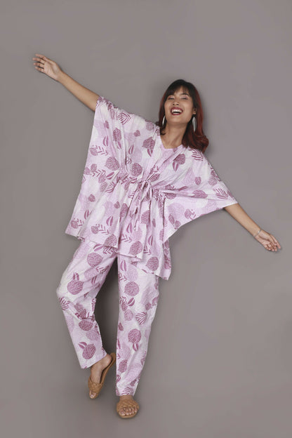 Breathables WomenS Loungewear Kaftan Cotton Pink Nature-Inspired Print Co-Ord Set