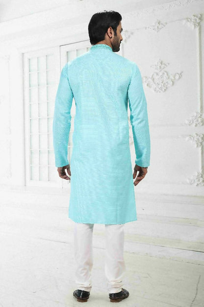 Raivat Ethnic Linen Cotton Thread Work Kurta Pajama In Sky Blue Colour