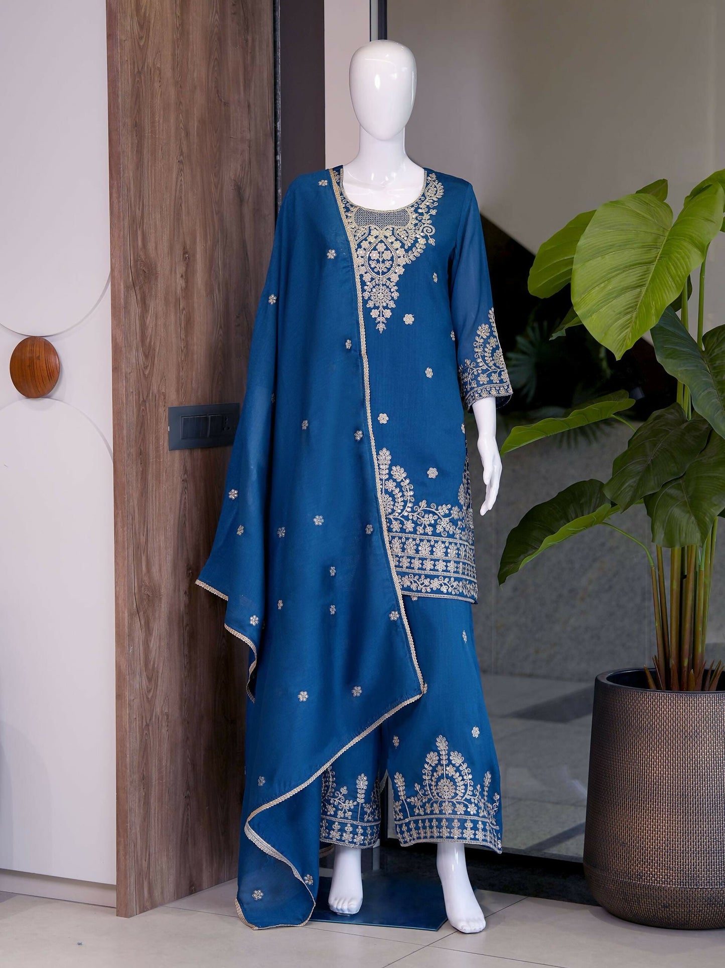 Teeya Creation Blue Embroidered Silk Palazzo Suit With Dupatta