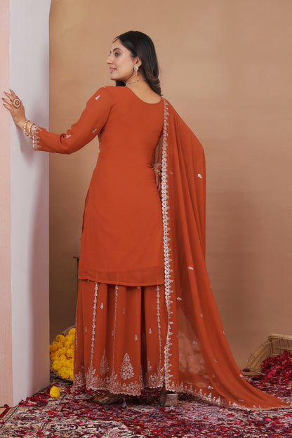 The52 Women's Gorgeous Embroidery Work Fox Georgette Fabric Straight Kurta Sharara and Dupatta Set-Orange