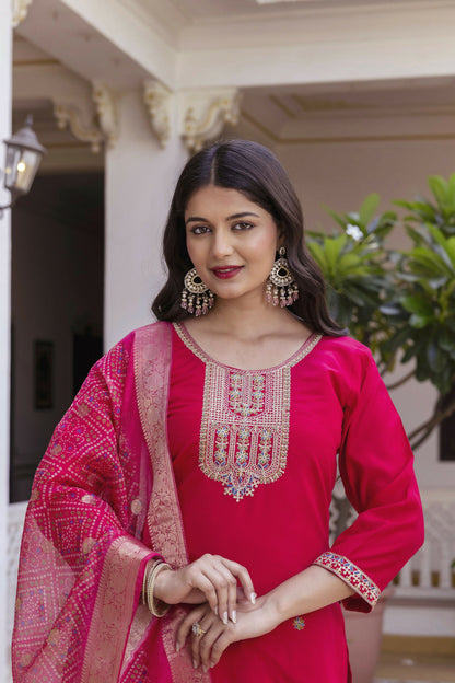 The52 Women's Beautiful Embroidery Work Viscose Chanderi Fabric Straight Kurta Pant and Dupatta Set-Red
