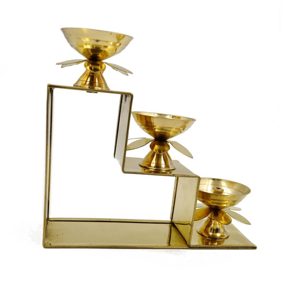 CraftVatika Brass Lotus Diya Oil Puja Lamp Piller Stand 3 Step Diya