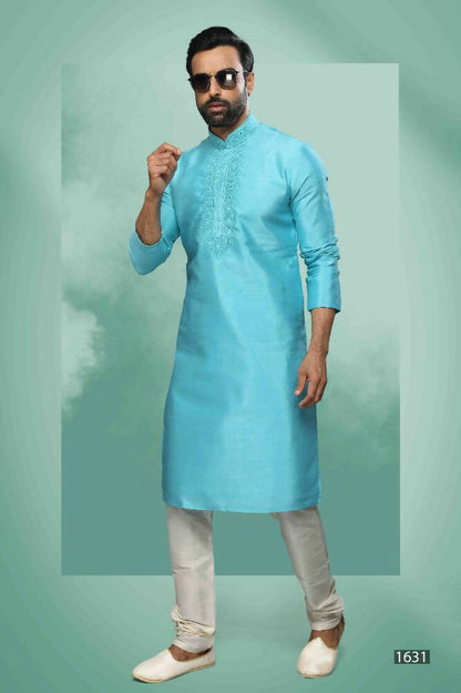 Raivat Ethnic Art Silk Mirror Embroidery Work Kurta Pajama In Sky Blue Colour
