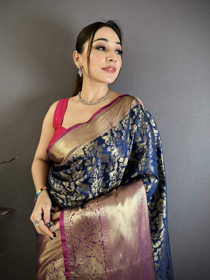 Prime Volt Pure Handloom Kanjivaram Katan Silk Saree with Antique Zari & Contrast Pallu-Deep Vibrant Blue