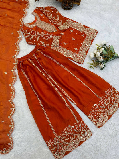 Teeya Creation New Trendy Fully Stitched Ready to Wear Kids Kurta Palazzo Set-Orange