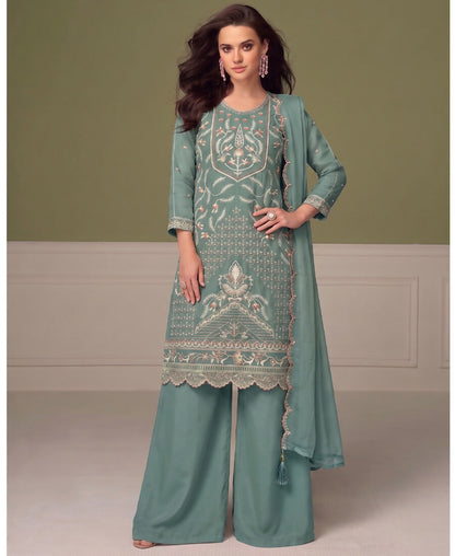KC Beautiful Sky Blue Chiffon Silk Hand Embroidery Suit For Women