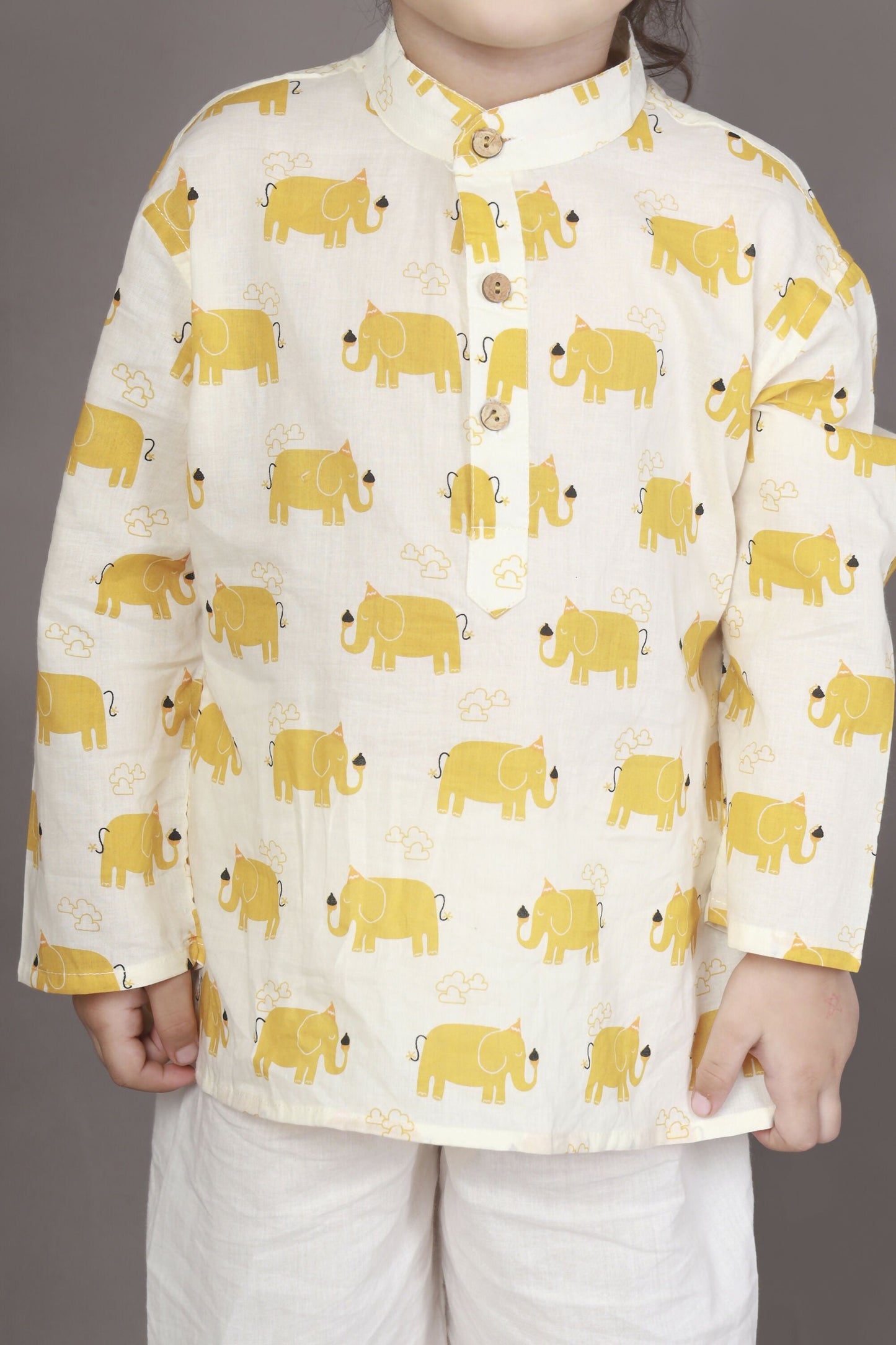 Breathables Kids Cotton Night Suit  Yellow Elephant Print Kurta & Pyjama Co-Ord Set For Boys & Girls