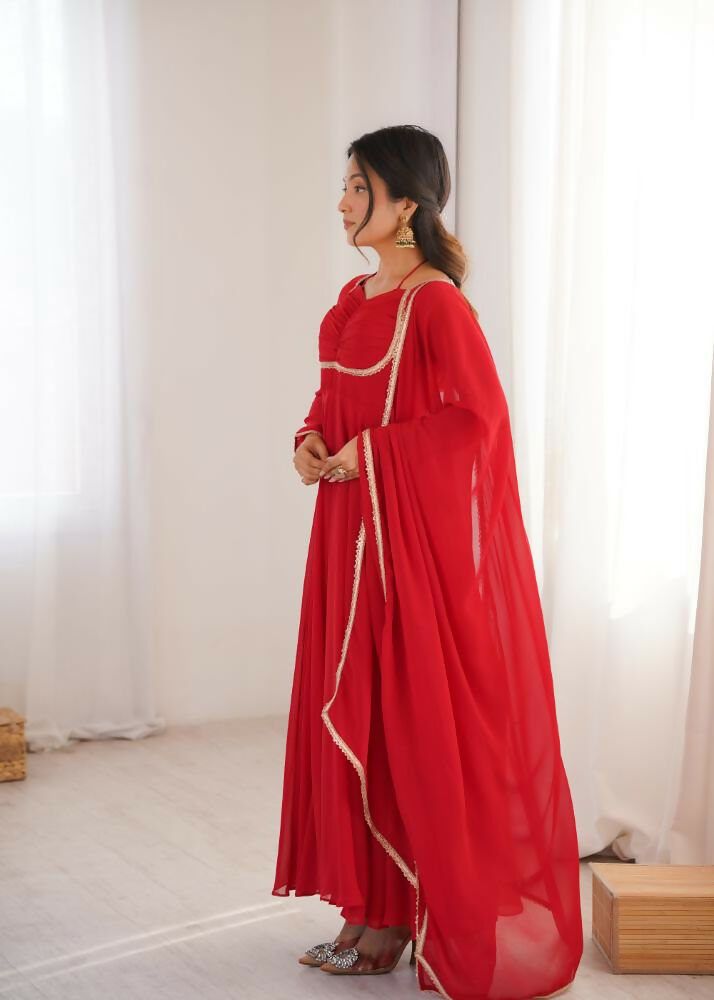 The52 Women's Gorgeous Solid Fox Blooming Georgette Fabric Flared Anarkali and Dupatta Set-Red