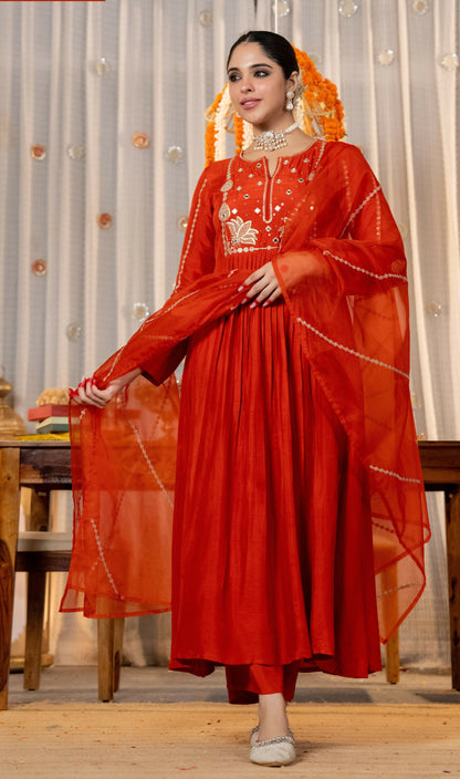 The52 Women's Gorgeous Embroidery Work Chanderi Silk Fabric Flared Kurta Pant and Dupatta Set-Orange