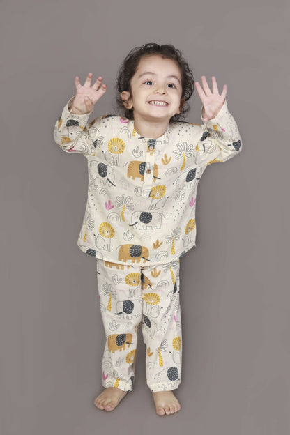 Breathables White Animal Print Cotton Nightsuit Set | Boys & Girls Kids Sleepwear