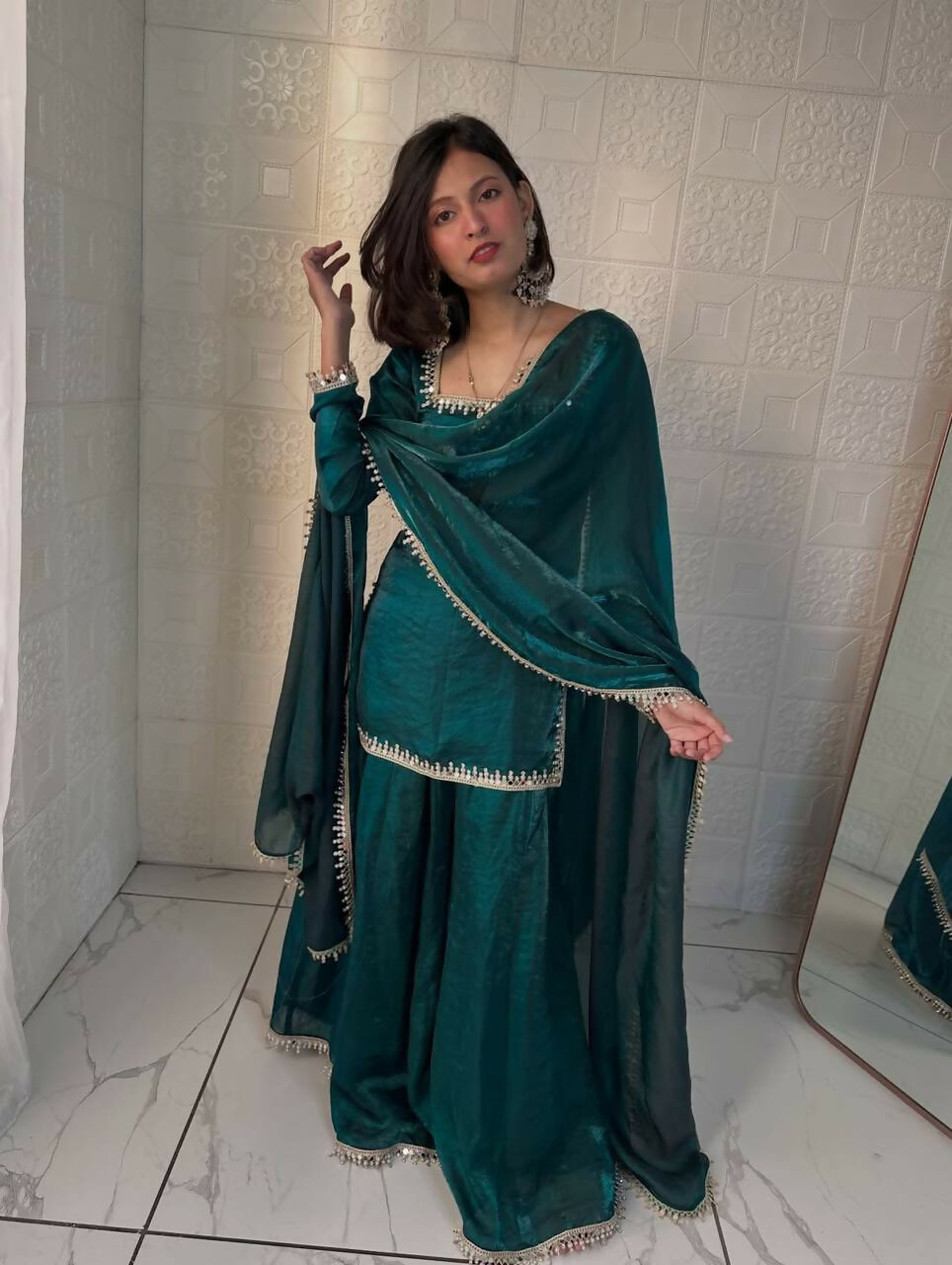 Teeya Creation Womens New Trending Less and Mirror Work Kurta Palazzo Set - Teal