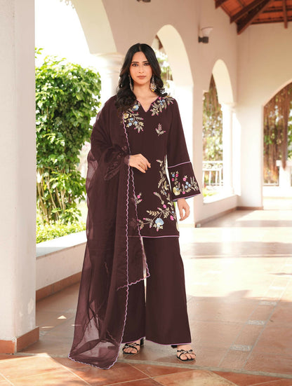 Nikhaar Brown Embroidered Art Silk Stitched Straight Cut Kurta Culottes Dupatta Readymade Suit
