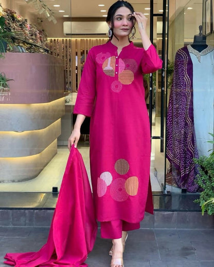 Teeya Creation Women Pink Geometric Embroidered Straight Kurta with Pants and Dupatta Set