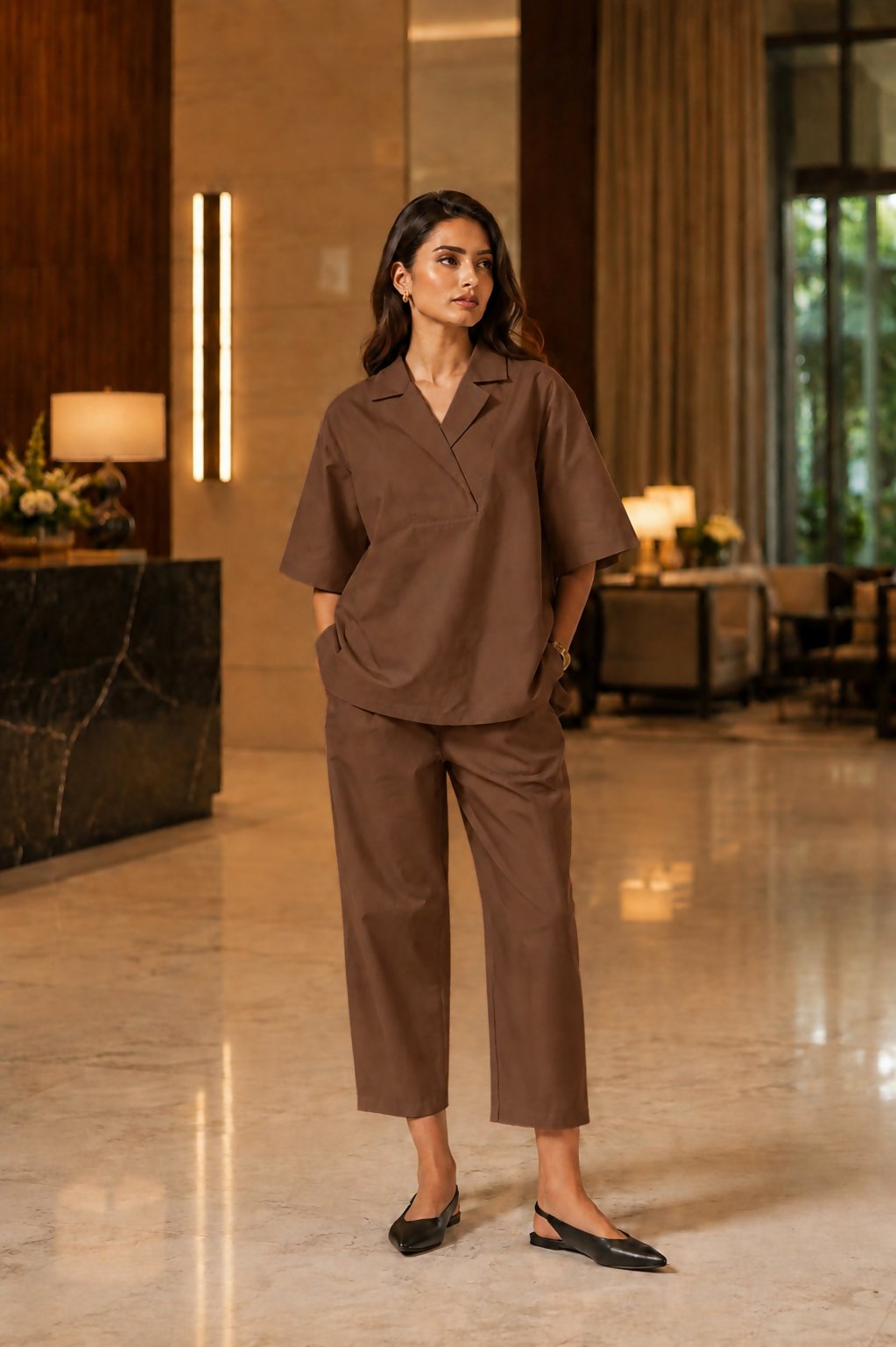 Aayaa Designer Pure Cotton Cord Set-Brown
