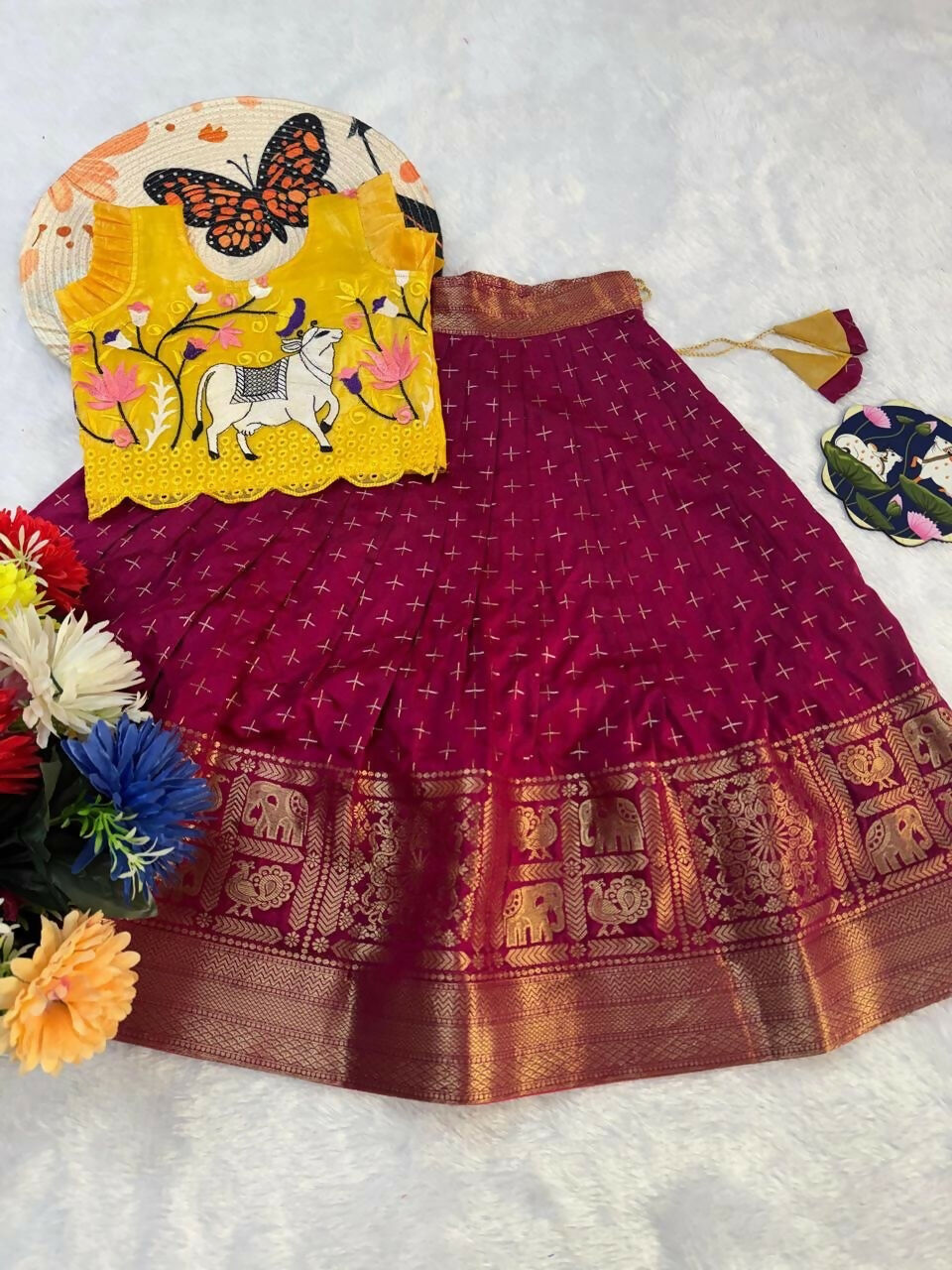 Teeya Creation New Trendy Designer Kids Girls Yellow & Red Silk Pichwai Cow Motif Lehenga Choli Set-Yellow