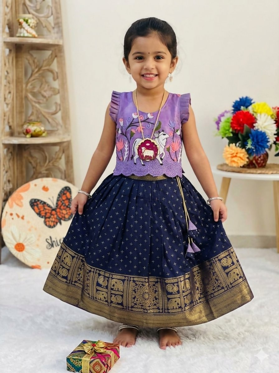 Teeya Creation New Stylish Girls Lavender & Navy Blue Silk Traditional Pichwai Art Lehenga Choli Set-Blue