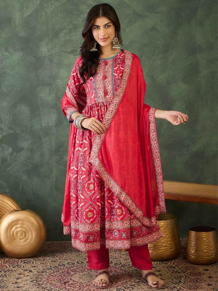 The52 Women's Beautiful Printed Work Rayon Fabric Flared Kurta Pant and Dupatta Set