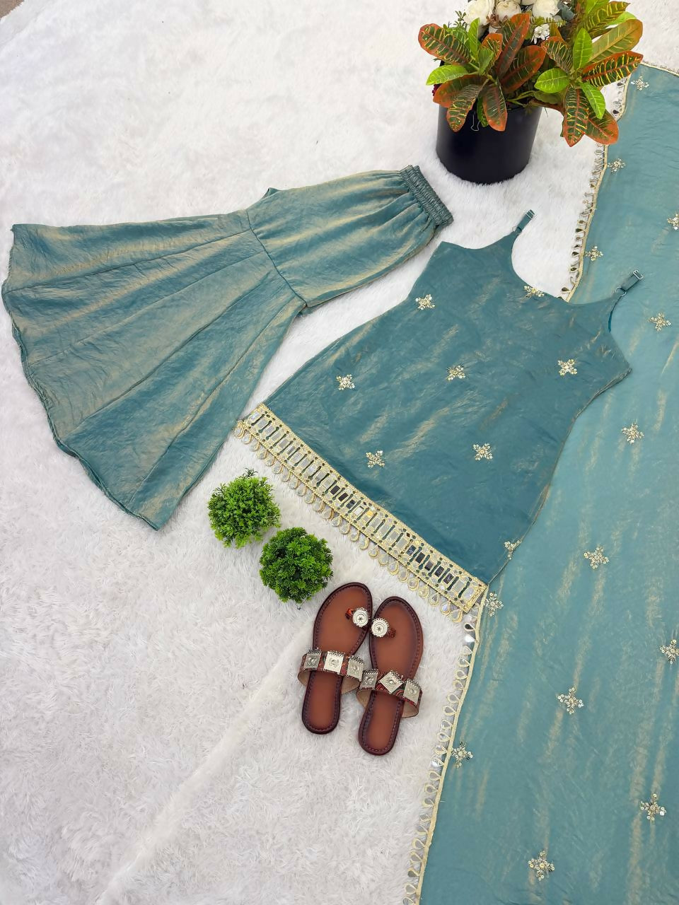 Teeya Creation Womens Trending Heavy Embroidery Sequence Work Kurta Sharara Set - Teal
