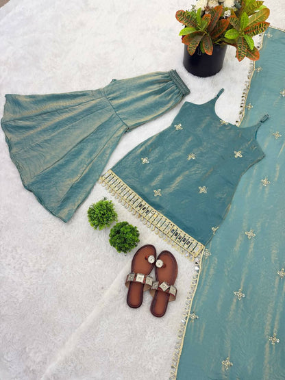 Teeya Creation Womens Trending Heavy Embroidery Sequence Work Kurta Sharara Set - Teal