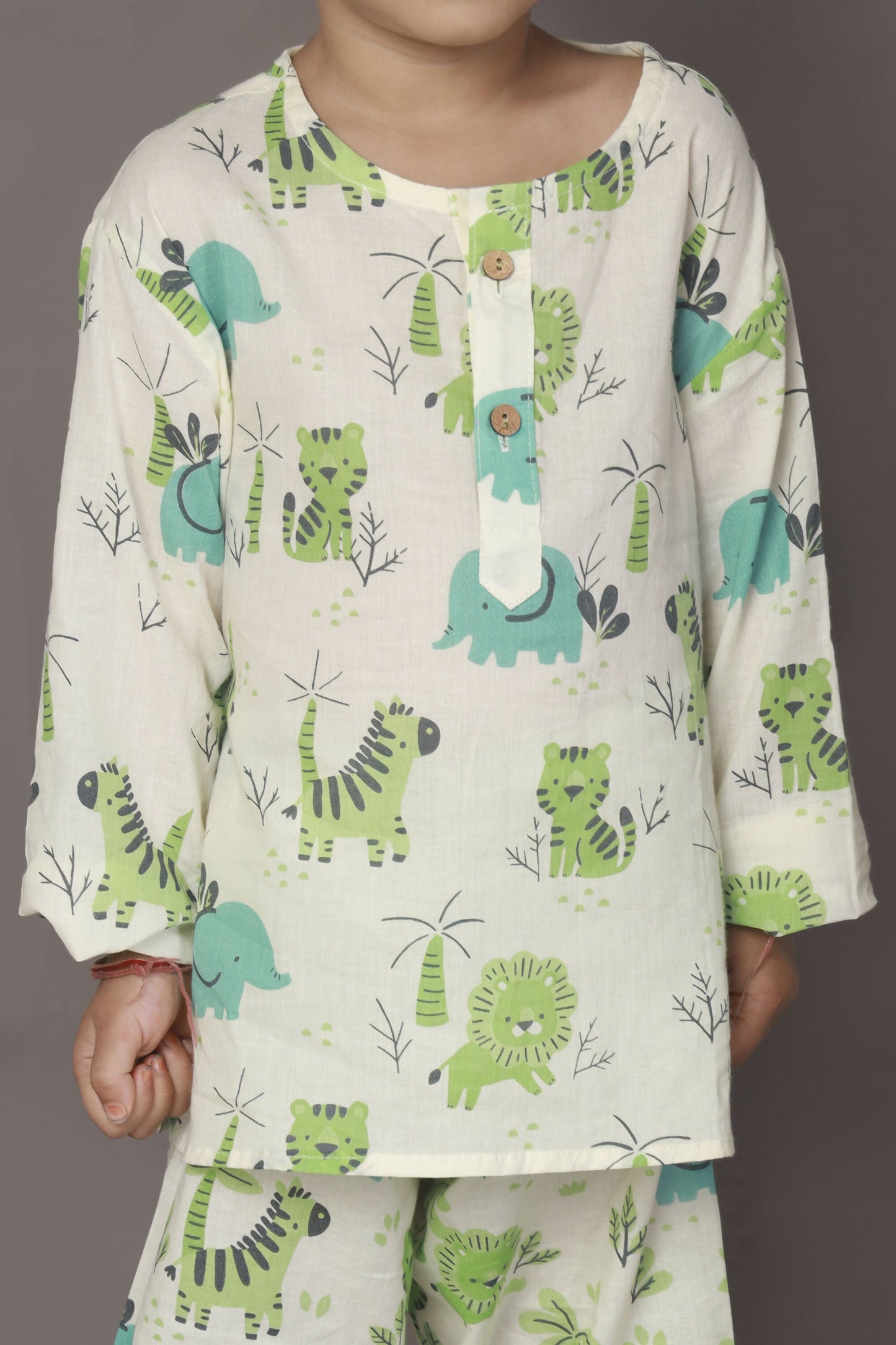 Breathables White Blue-Green Animal Cotton Nightsuit | Boys & Girls Kids