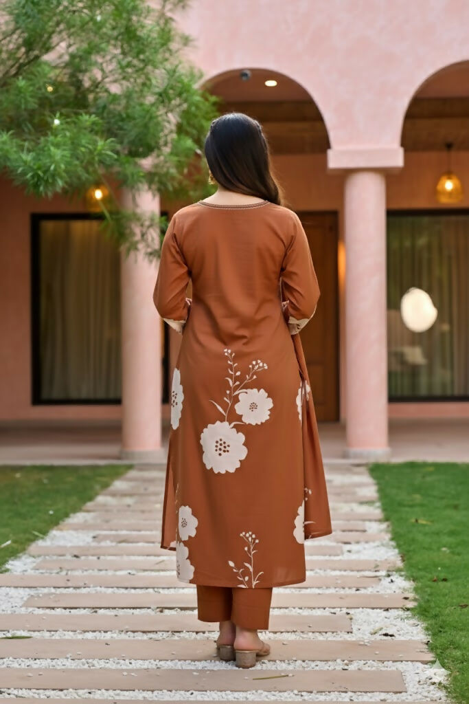 The52 Women's Gorgeous Printed Work Muslin Fabric Straight Kurta Pant and Dupatta Set-Brown